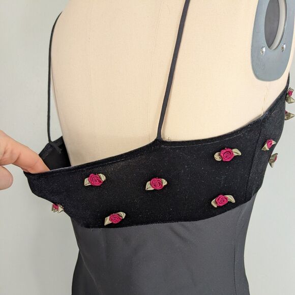 Vintage Zum Prom Dress Maxi Gown M Black Velvet Goth Y2K Babydoll Floral Grunge - Picture 7 of 13